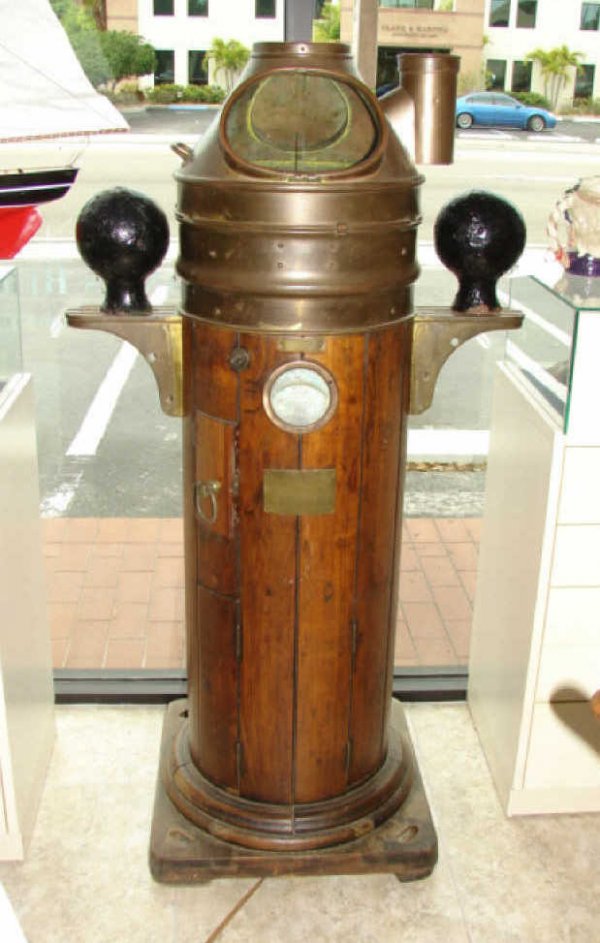 English 19th Century Ship's Binical.: height - 56" Kelvin Bottomley & Baird Ltd. Basington, including the original lead ball weights, having a quarter sawn oak slat base. In original un-restored condition. Will require professional packin