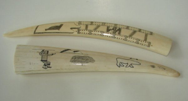 Group of Two Inuit Carved Tusks. Both signed.: One in the form of a cribbage board, with seals on ice flows, and a figure in a boat, signed " I. Nook". Length - 14.5" The second in the form of a landscape with Inuit hunter, spear raised, signed "J