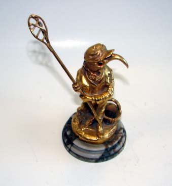 Bronze Sculpture "Bird Fisherman" Anquetin.: Louis Anquentin (French, 1861 - 1932) height 5", 7.5 inches with base. A gilt bronze sculpture of a bird fisherman with glass eyes., signed on the base "Anquentin", on a step marble base.
