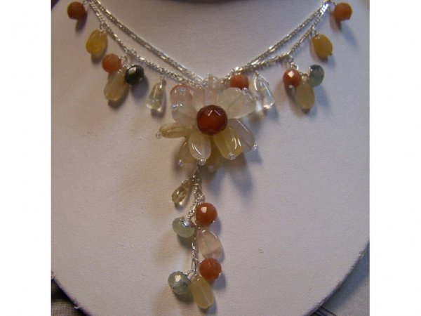Sterling Silver Quartz Necklace.: Sterling Silver Quartz Necklace. Costume necklace multicolored quartz, carnelian stone and lime quartz. 18 inches in length. Weight 25 grams. [40]