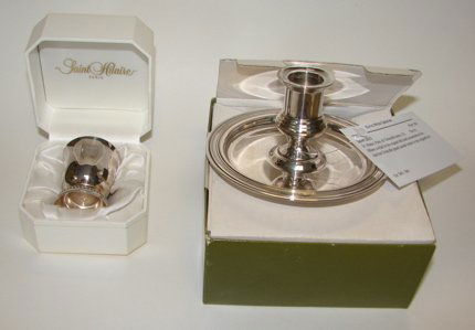 St. Hilaire, Paris, & Christofle items. (2): The St, Hiliare cordial In the original silk lined presentation box. And the Christofle plated candle holder in the original box.