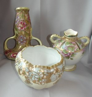 Three Nippon porcelain vases.: Gourd, melon and ovoid form.