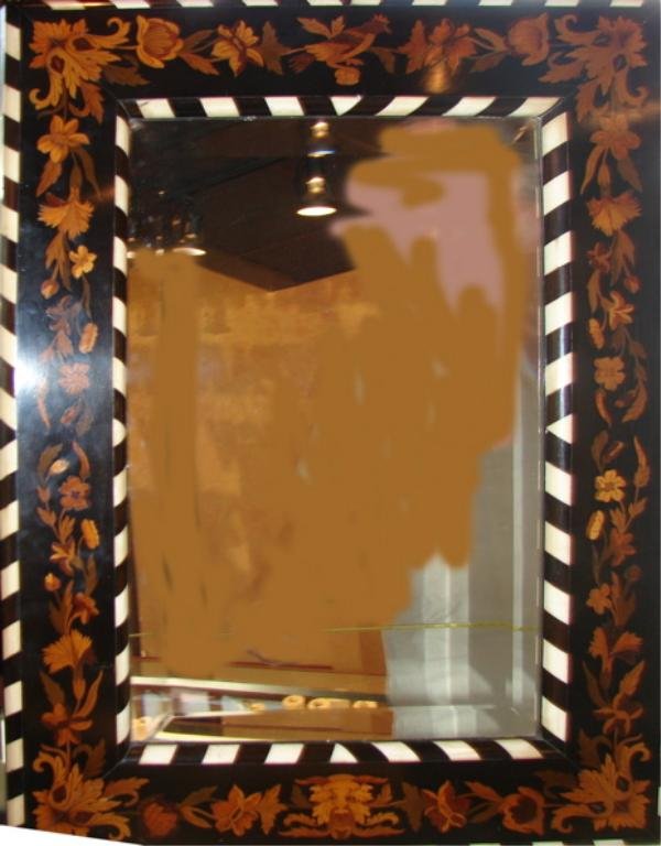 Italian Marquetry Inlaid Table Mirror.: Italian Marquetry Inlaid Table Mirror. Rectangular form having scroll and mask inlaid, bone and ebony rims. bevel mirror inset, easel back. H - 29", W - 21".