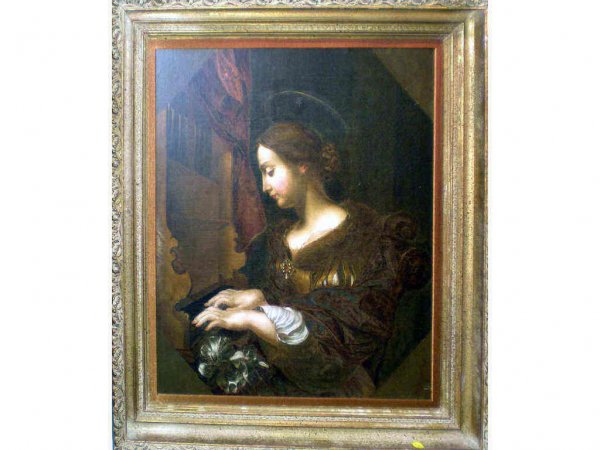 Oil Painting, Copy of St. Agnes. 19th C.: After the painting by minor Italian Master Lorenzo Pasinelli, (1629 - 1700). H - 26.5", W - 22".