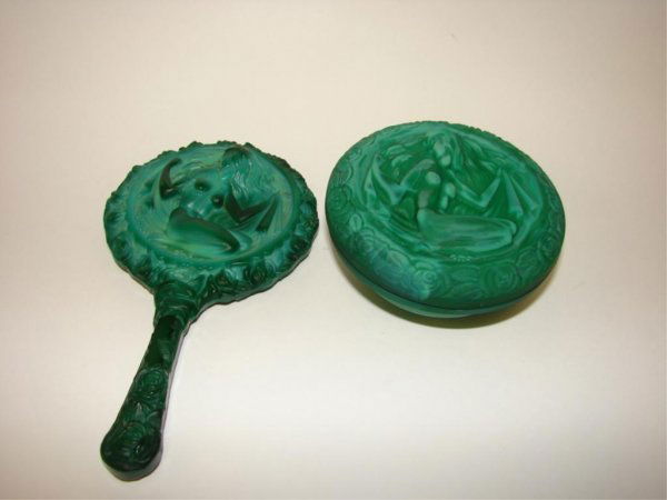 Lithyalin Type Green Glass Hand Mirror /Powder Box.: 2 Pieces, the covered box and hand mirror with figural relief.