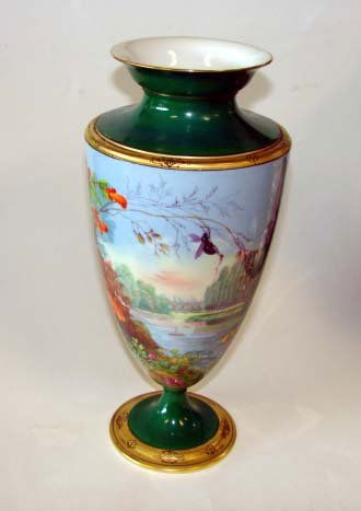 Fine Hand Painted Porcelain Vase, C. 1920.: A fine hand painted porcelain footed vase of flared form beautifully painted with a 360 landscape. Height - 13.5" In excellent condition.