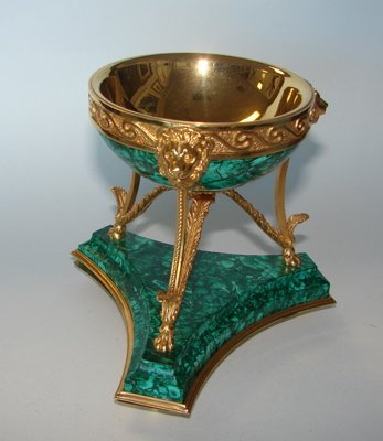 Russian dore bronze malachite footed bowl.: Height 5.25 inches, signed on base. Manufactured by Sentyabrev, a craft guild located in St. Petersburg, Russia, specializing in the reproduction of fine decorative 18-19th C. pieces.