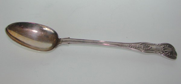 English Sterling Silver Stuffing Spoon. 1864 - 65.: In the Kings pattern with London silver hallmarks denoting the year 1863 - 1864. Makers mark GA" possibly George Angell. Length - 12 inches. 6.9 troy ounces."