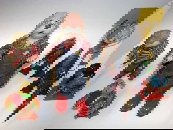 Group of six (6) wind up toys.: Rooster, cobbler, grandpa, pair geese with eggs, and monkey with basketball net.