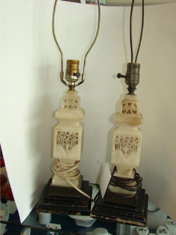 Pair Carved Soap Stone Urn Lamps.: Chinese, some minor chips, bases need restoration.