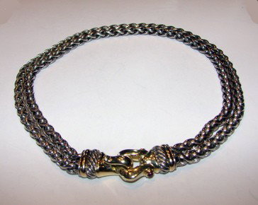 Silver with 14K gold buckle necklace, D. Yurman.: Silver with 14K yellow gold accents buckle necklace. David Yurman. Double wheat chain strands. Two colored stone accents. 16" long. 113.3 grams total weight. Sterling silver.