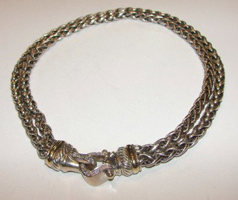 Silver 18K gold diamond buckle necklace. Yurman.: Silver 18K yellow gold diamond accent buckle necklace. David Yurman.20 brilliant round cut diamonds. 0.50 carat total weight. H - I color. SI 1 clarity. 16" long. 106.2 grams total weight. Sterling si