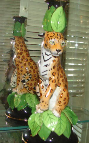 Pair (2) of Lynn Chase candle holders,: Pair (2) of Lynn Chase candle holders, "Jaguar Jungle" 1991.H - 11.5". Hand painted with the Lynn Chase hallmark, depiction of a seated leopard.