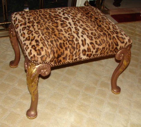 Carved walnut bench. Georgian style. Custom. 20C: Carved walnut bench. Georgian style. Custom. 20th C. reproduction. Having a leopard upholstered seat with brass stud finishing, cabriole legs ending in pad feet.