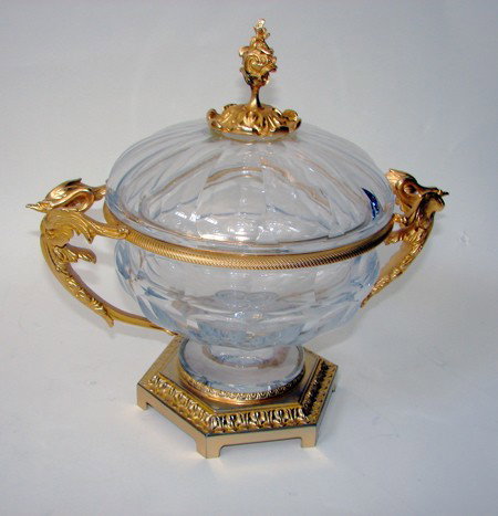 Dore Bronze mounted crystal centerpiece.: French, 20th C. H - 13", W - 15" With cover. Signed on the base.