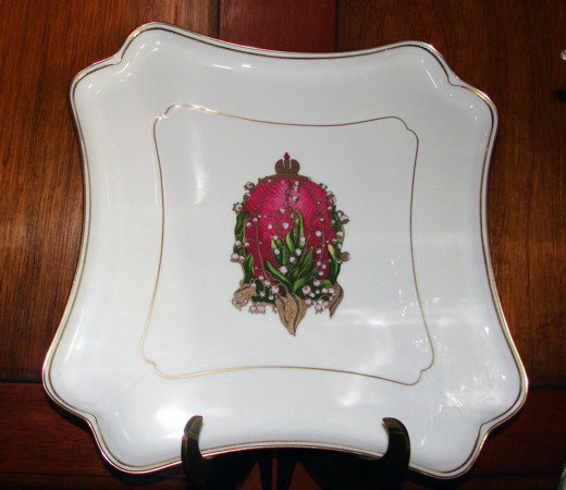 Faberge porcelain large serving platter.: Faberge porcelain large serving platter. Imperial Egg Collection. H - 14" square. Having lily of the valley center reserve.