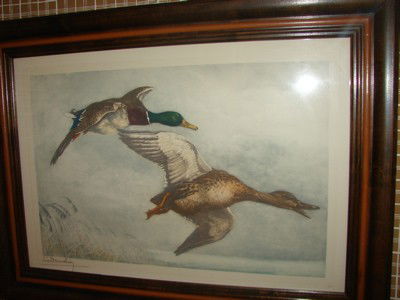 Framed etching, Mallards in Flight, Leon Danchin.: Framed etching, Mallards in Flight, Leon Danchin. Numbered 369/500. H -23", W - 30.75" framed. Office
