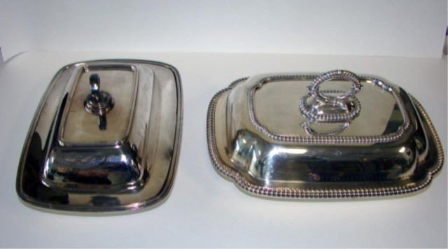 group of two plated covered entree dishes.: One marked Pairpoint, Sheffield, the second England. L -10" and 11 1/2".
