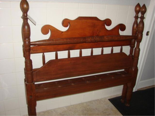 Antique Pine Rope Bed, American, 19th C.: Having scroll cut headboard, turned posts, and foot board, complete with pegged rails.