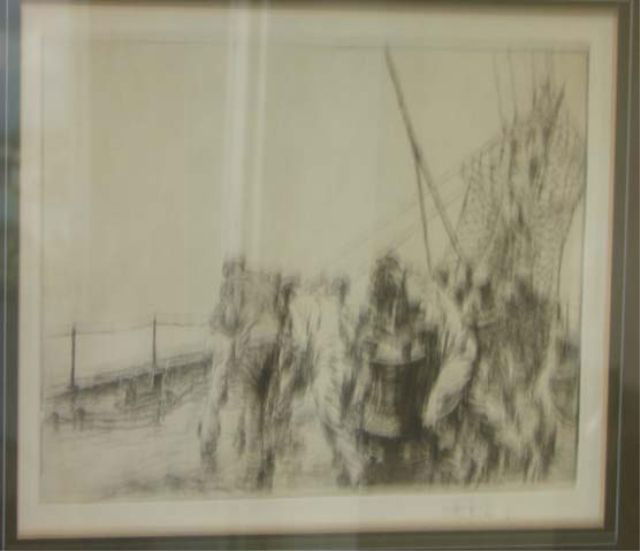A.J.T. Brisco Etching, "Bringing in the Anchor".: Arthur John Trevor Brisco, (New York, 1873 - 1943) 12 x 10". Matted and framed under glass.