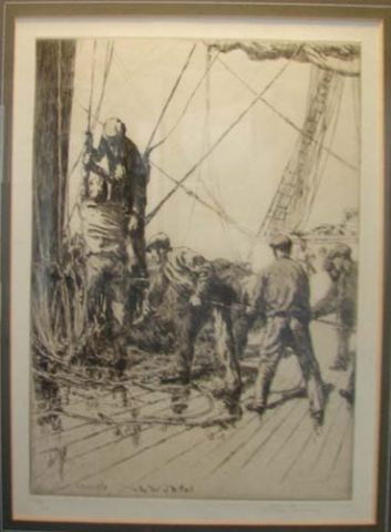 A.J.T. Brisco, Etching, "At the Foot of the Mart".: Dated 1939, Arthur John Trevor Brisco, (New York, 1873 - 1943) edition 24/50, 9 3/4" x 7 3/4", framed to 20 x 17 inches.