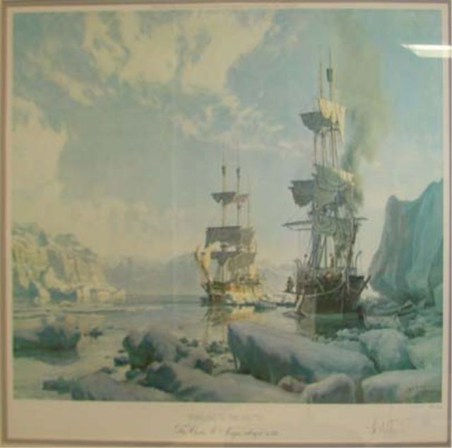 John Stobart print, "Whaling in the Arctic" 1978.: John Stobart, (American, 20th C.) Signed limited edition print, 607/850. 12 x 33 (image)matted and framed to 32 x 43", Condition: some fading.