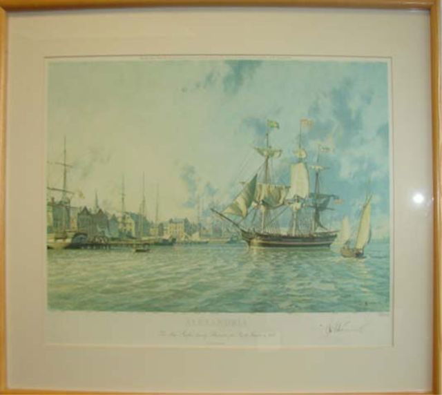 John Stobart print, "Sailing Day, Nantucket ...": 1974. John Stobart, (American, 20th C.) Signed limited edition print, 202/750. 19 1/2 x 32 1/4" (image) framed to 30 x 40", Condition: some fading.