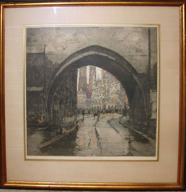 Luigi Kasimir Etching, "Marientor, Munich".: "Marientor, Munich" (Germany) 19.25" by 18", signed "Luigi Kasimir" lower Posthumous, signed on the lower margin. H - 19", W - 18" (plate) framed to 30 x 26".