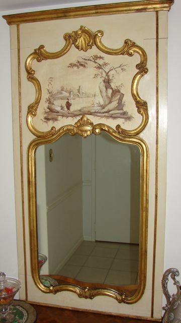 French Provincial Style Trumeau Mirror.: Painted and gilt decor. H - 54", W - 28".