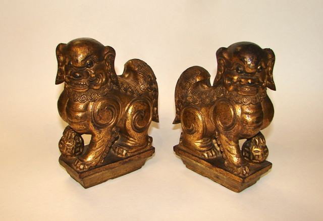 Pair Gilt Carved Foo Lion Figures.: Height - 6 1/2".