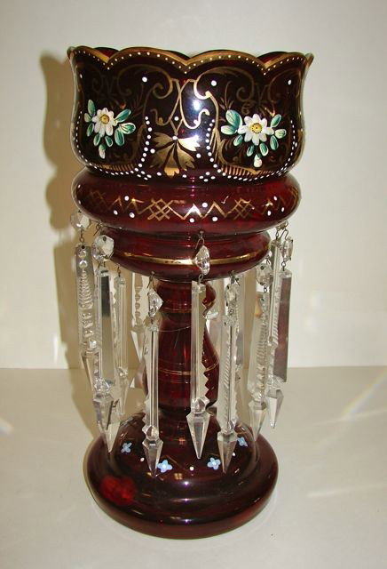 Ruby Glass Luster Candle Holder.: Having hand painted enamel floral decor, and cut spear prisms.