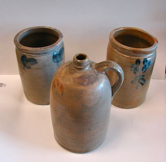 Group of 3 Salt Glazed Cobalt Crocks.: Including two pickle pots with cobalt blue brushed decor Height 9.50, and 9.75 and one cider jug - H - 12.5".