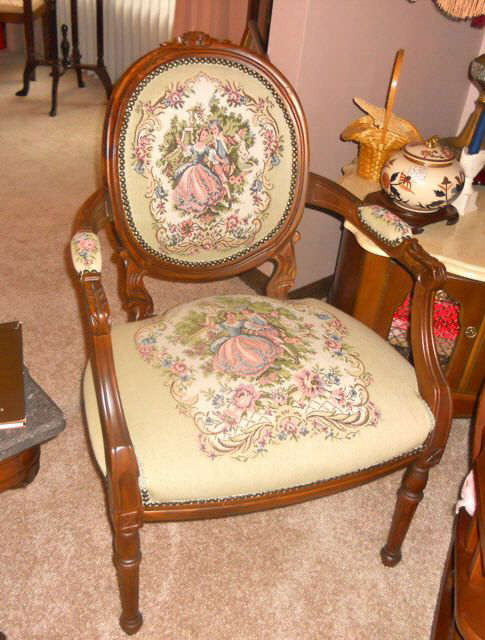 Louis VXI Style Open Armchair.: 20th C. Reproduction. With a nice tapestry style upholstered back and seat.