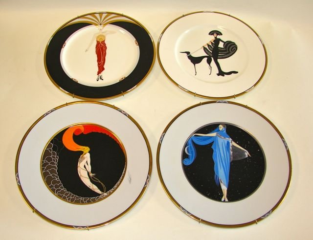 Set of 4 Erte Porcelain Chargers.: Diameter - 12 each. Including "Symphony in Black", "Moonlight", "Soleil Ebony", "L'Amour". Two hallmarked Japan (Mikasa) and two hallmarked West Germany."