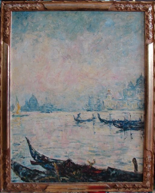 Oil Painting, "Les Gondolas, Venice" Arm. Jamar.: Armand Gustave Gérard Jamar (BELGIAN, 1870-1946) H - 29.5", W- 21.5", signed and dated lower right. Hand carved gilt frame.