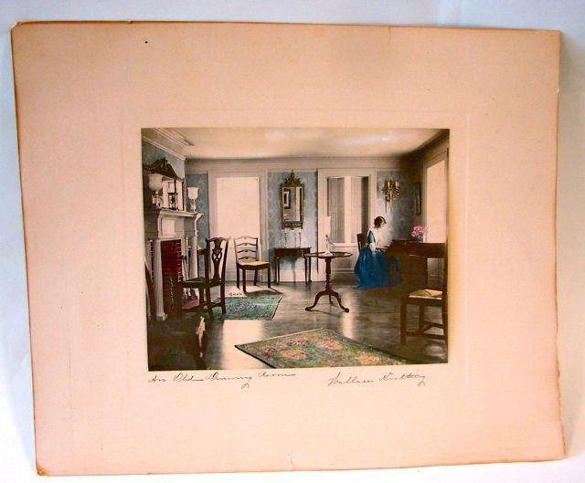 Wallace Nutting Platinum Print, "Old Drawing Room".: - 7.5", W - 9.5". Hand colored mounted onto heavy paper, signed and titled in in on the mounting. Unframed.