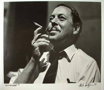 TENNESSEE. BY HERB SNITZER.: TENNESSEE. BY HERB SNITZER. H - 9 1/4, W - 13" (plate size). Black and white portrait of TENNESSEE WILLIAMS enjoying a cigarette. Signed Herb Snitzer dated 1961under the image. Glazed, mounted and fra