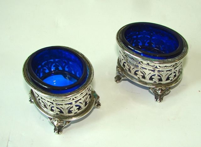 Pair (2) Christofle plated Open Salts.: Cobalt blue glass liners. With the hallmarks.
