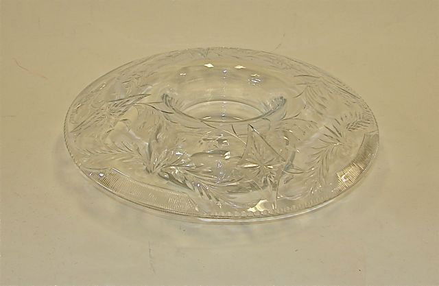 Thomas Webb & sons English Cut Crystal Bowl.: diameter 12. In the classic "Bishops Hat" design with a wide rolled brim circa 1930's. With a deep intaglio wheel cutting all around in a detailed floral pattern. Signed on the base with an acid etche