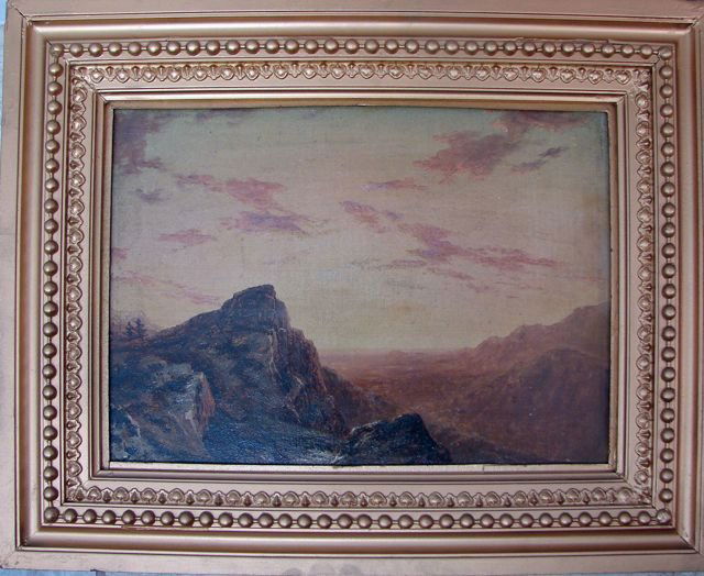 Oil painting Summit of Cochorna, NH, D. Johnson.: David Johnson, (American, 1827 - 1908) Oil on masonite, a depiction of a summit, titled on a label attached verso, There is a monogram and date on the lower area slightly right of center. (see detail)