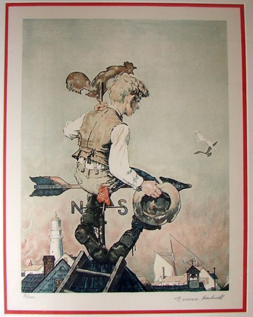 Norman Rockwell "Boy on a Weather Vane".": H - 20, W - 14 3/4" (plate size). Signed by Norman Rockwell. Edition 96/200. Matted and framed under glass. Condition: Some fading.