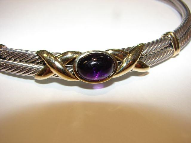David Yurman Sterling, 14K Gold, Amethyst Choker.: 97.7 grams total, cable twist sterling with 14K yellow gold accents, center oval cut amethyst stone is bezel set. [46]