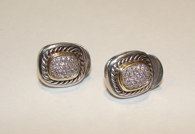 David Yurman Sterling 18K Gold Diamond Earrings.: 16.3 grams total weight. Round cut diamond pave set with 18K gold bezel and rope twist rim. Omega clip backs for non-pierced ears. [47]