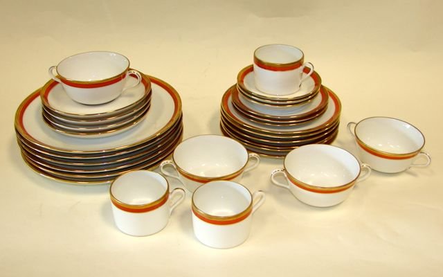 Set Ginori China, partial. Palermo Pattern.: Comprising plates, boullion cups saucers.