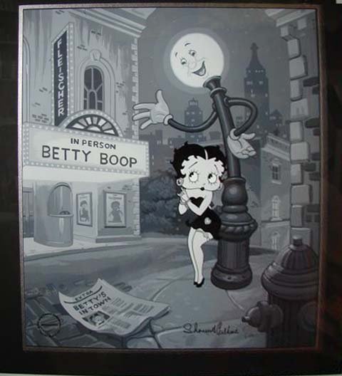 Lithograph, Betty Boop "Under the Light Post".: H - 17, W - 14 1/2" (plate size). Black and white cel signed by Shamus Culhane and Tim Hilderbrand. Edition 95/200. Matted and framed under glass.