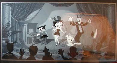 Lithograph, "Betty Boop With Top Hat".: H - 11 1/2, W - 24" (plate size). Black and white cel signed by Shamus Culhane and Tim Hilderbrand. Edition 103/200. Matted and framed under glass.