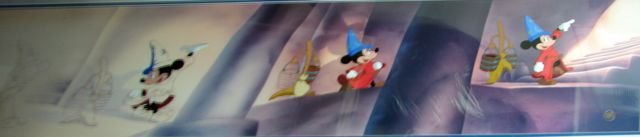 Mickey's Progression from Fantasia.: H - 9 1/2, W - 45" (plate size). Hand painted color animated cel. Recreated from original cel. Edition 89/35. Matted and framed under glass."