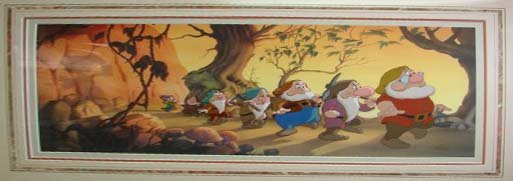 Disney Cell, Snow White 7 Dwarfs.: H - 10, W - 22" (plate size). Hand painted cel - 1937 recreated 1993. Edition HC 22/25. Glazed, mounted and framed."