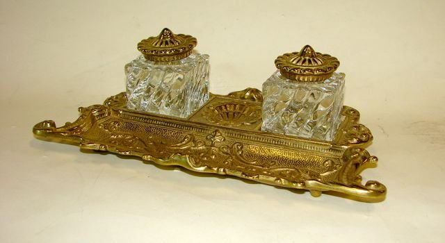 Virginia Metal Crafters Brass Inkwell.: With two gadroon crystal ink bottles.