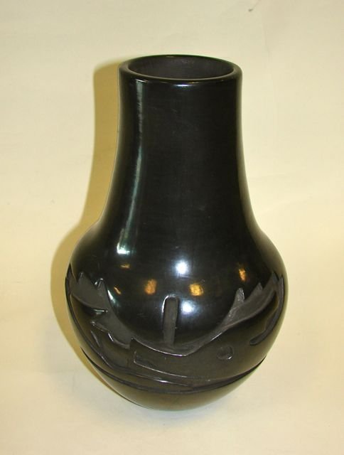 Santa Clara Black Pottery Vase. Signed.: Height - 12". Signed Mary Caia & Christina Narany.. Condition: Small chip to rim less than 1/8".